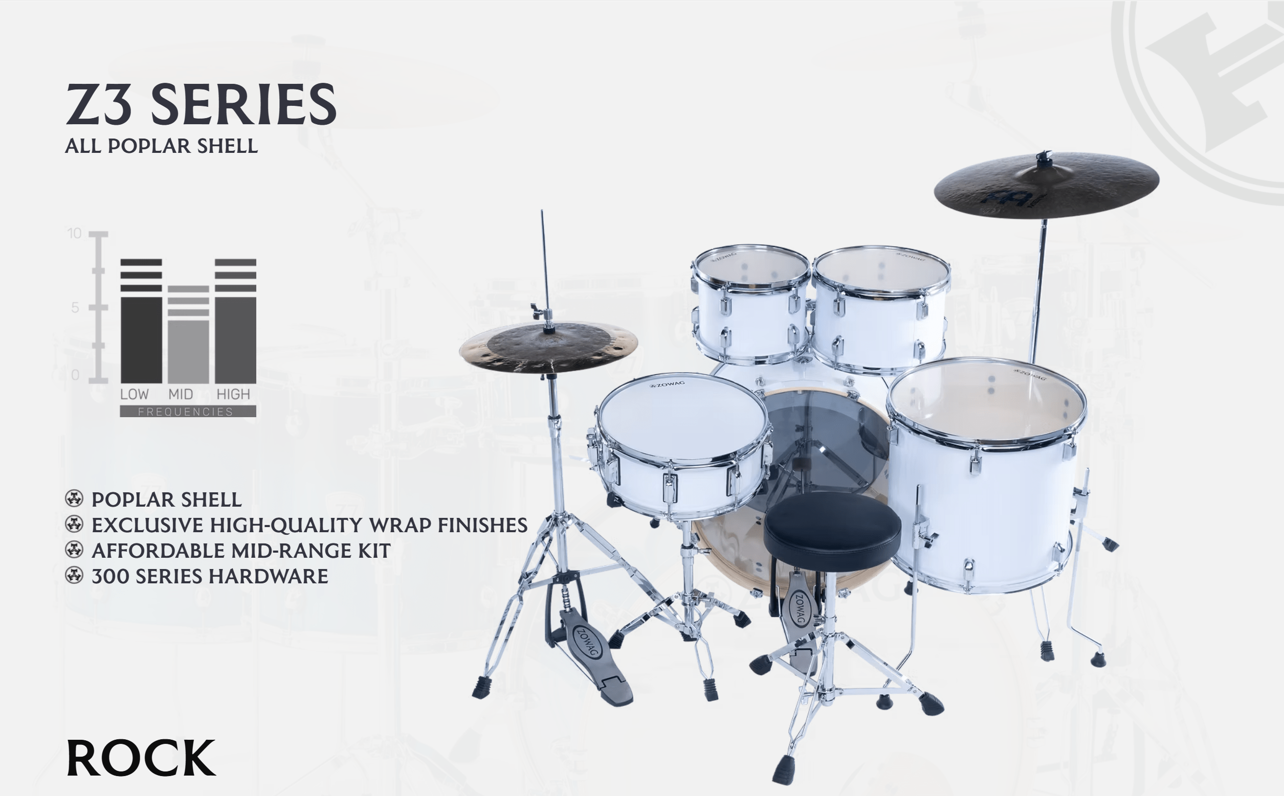 Batería ZOWAG Z3 Rock 5 Cuerpos Azul Flameado con Fierros Banqueta y Platillos